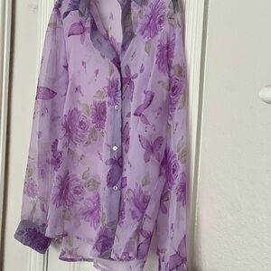 Notations Lavender Floral Sheer Button-Up Blouse